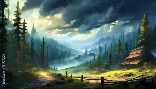 Detailed illustration of scenery with mountains, river and wild forest. Dark dramatic cloudy sky.