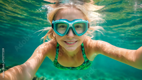 Girl swimming on the beach submerged in the water with snorkel goggles taking a selfie under the paradise sea. Girl on vacation having fun in the sea