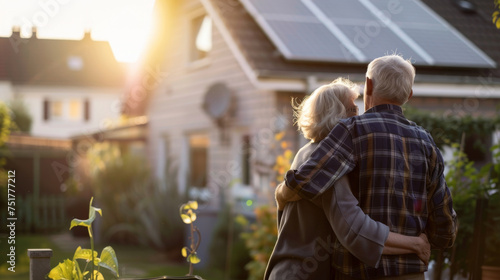 Senior Couple Embracing in Garden at Sunset with Solar Panels on Roof © Maciej Koba