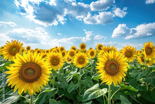 Sunflower Majesty  Expansive Field Beneath Azure Sky  AI Generative 