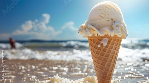 Melting Vanilla Ice Cream Cone on Sunny Beach Day