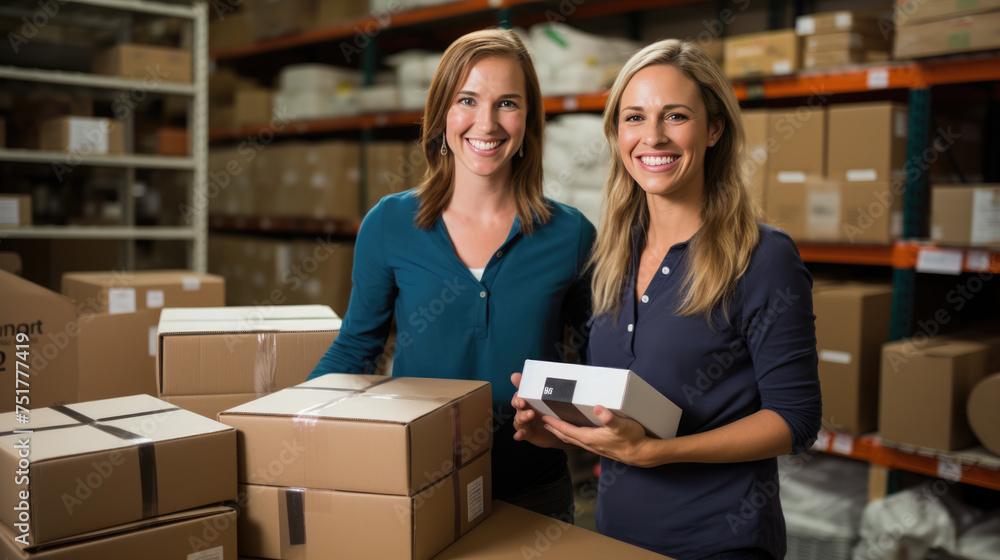 Two smiling businesswomen in a warehouse with cardboard boxes, working together on logistics or order fulfillment, possibly running an online business. Two smiling businesswomen in a warehouse with cardboard boxes, working together on logistics or order fulfillment, possibly running an online business.