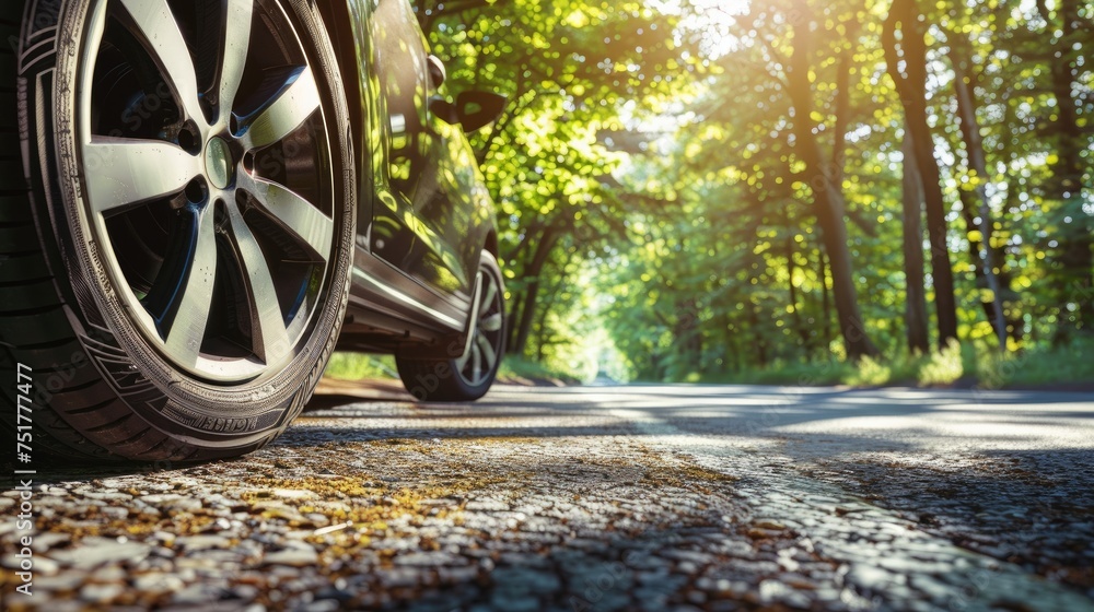 the seasonal transition of changing car tires from winter wheels to summer tires on a forest road