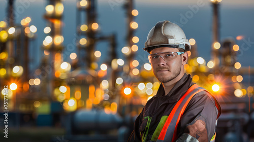 Industrial Worker in Hard Hat and Safety Vest at a Chemical Plant at Night © Maciej Koba