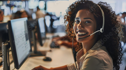 Smiling Woman with Headset in Office Environment at Customer Service photo
