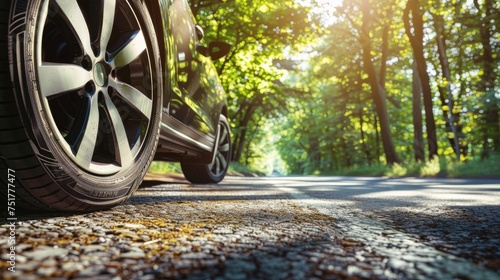 the seasonal transition of changing car tires from winter wheels to summer tires on a forest road