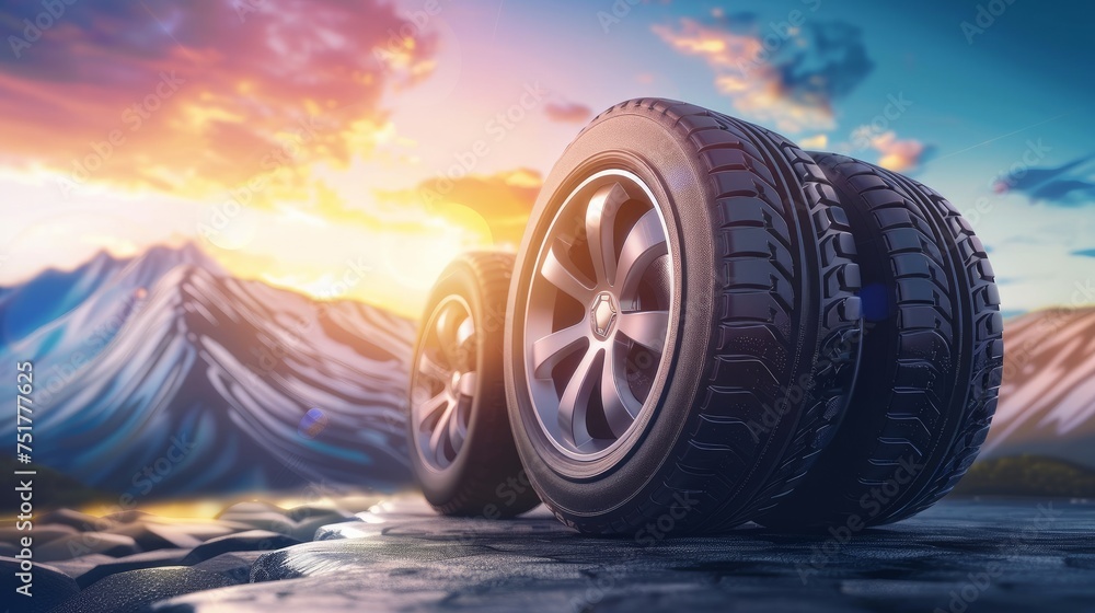 An eye-catching advertisement poster featuring a set of black rubber car tires An eye-catching advertisement poster featuring a set of black rubber car tires