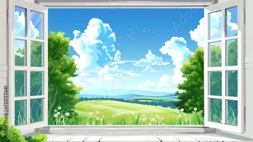 A beautifully crafted vector illustration depicting an open window that frames a stunning landscape view photo