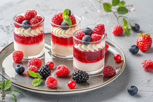 a group of desserts with berries on a plate