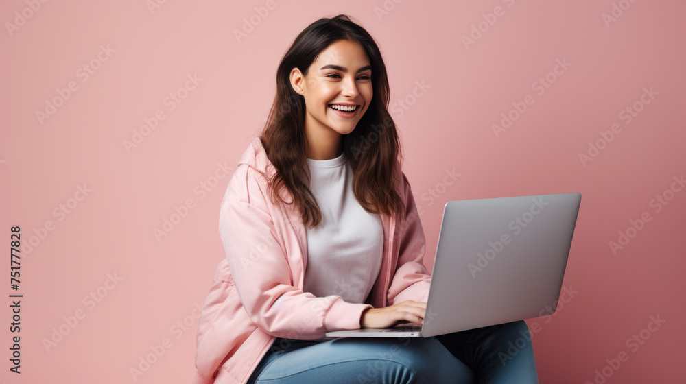Naklejka premium Smiling woman working on a laptop against a pink background.