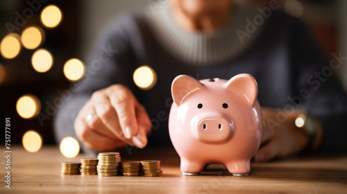 Joyful elderly woman holding a pink piggybank, symbolizing financial security and the importance of savings, especially for retirement.