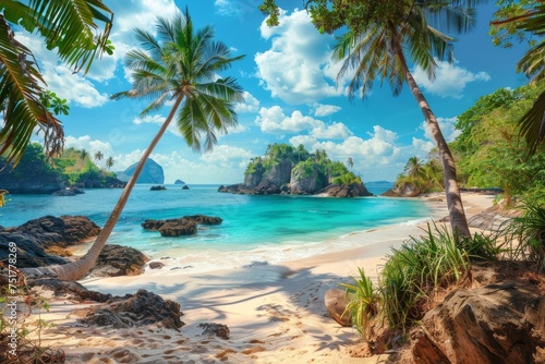 Picturesque Tropical Coast with White Sand  Blue Sea at Hot Afternoon  Beautiful Paradise Beach