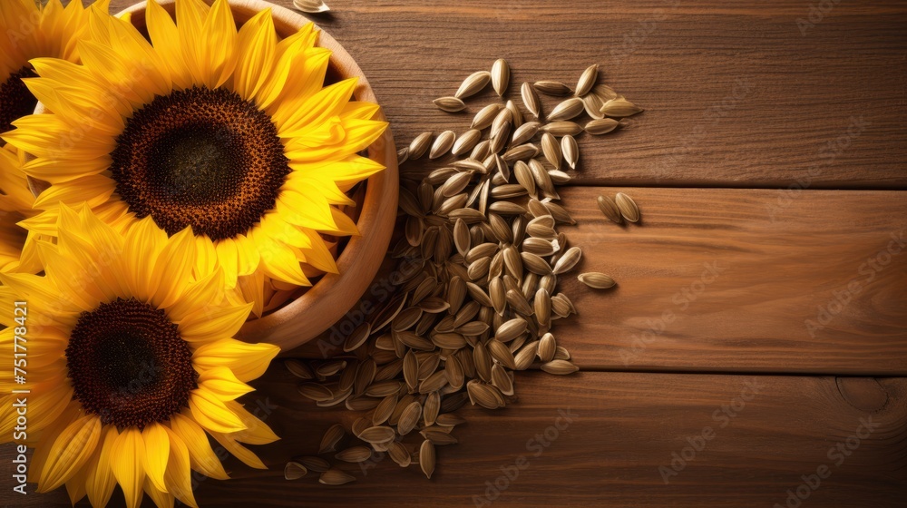 Sunflowers and seeds on a wooden background. Healthy foods and fats. Healthy eating.