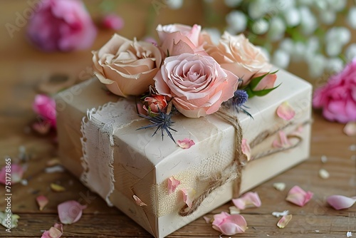Gift box with roses on the wooden table. 