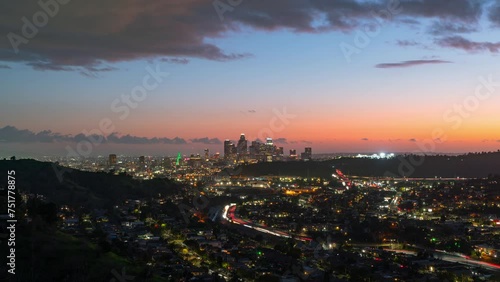 Timelapse of downtown Los Angeles skyline at twilight in California, USA