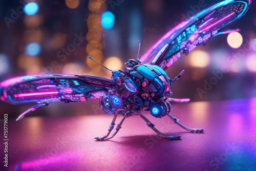 Close up of Cyberpunk fly with pink and blue glowing neon lights standing on reflective surface against bokeh lights of surreal futuristic city, science fiction cyborg insect © Eduardo Accorinti