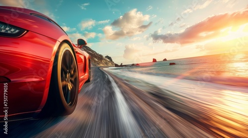 A red sports car on a coastal road with blurred motion, ocean waves, and a dramatic sunset in the background. © Netsai
