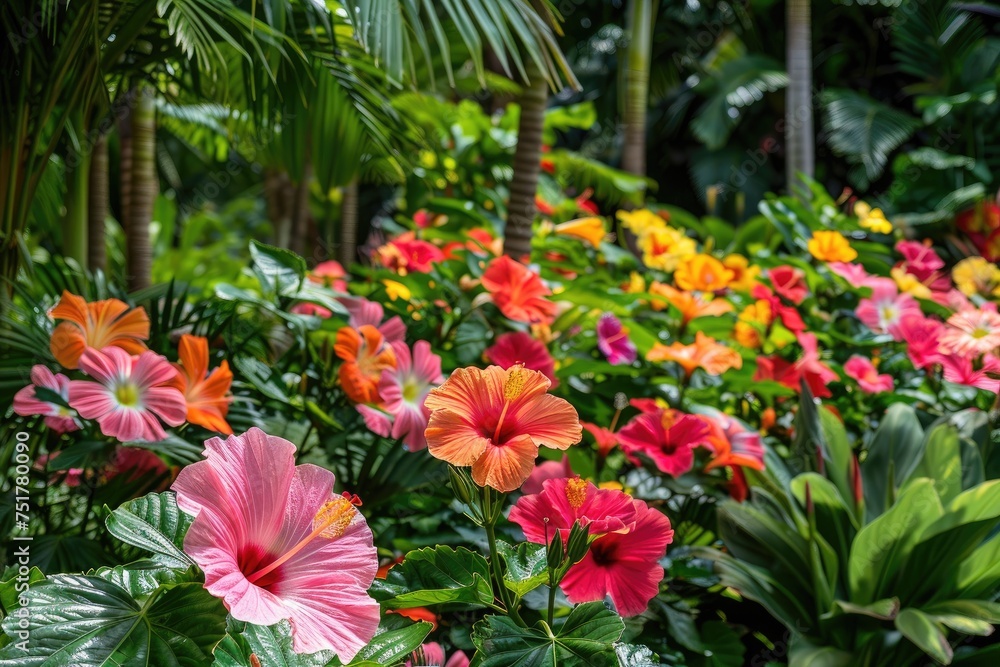 Hibiscus Radiance: Colorful Blooms in Tropical Garden, AI Generative
