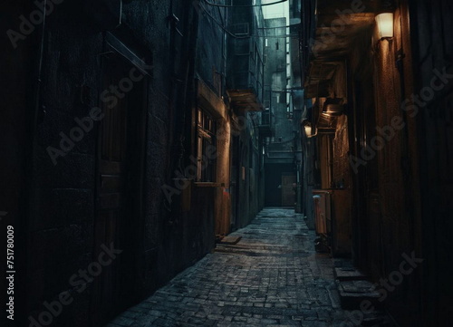 A narrow passage between the streets. An alley with a sidewalk and a narrow footpath between the walls of residential buildings. European architecture. A gloomy area with low lighting in the old town. © Алексей Леганьков
