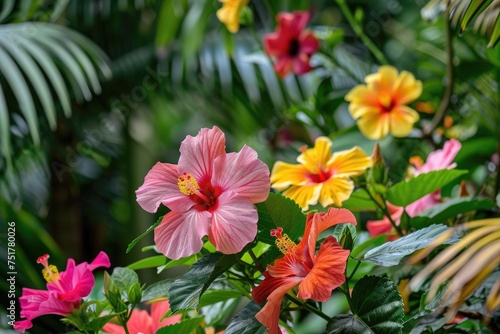Vibrant Hibiscus Garden with Verdant Foliage, AI Generative
