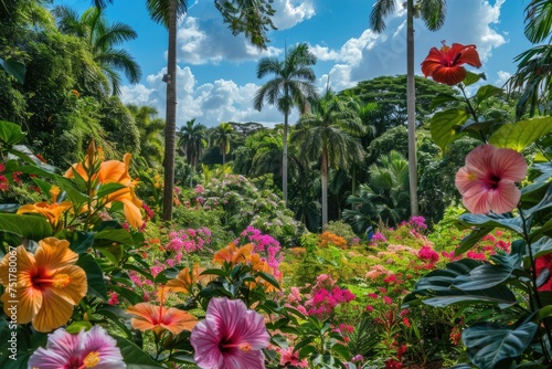 Tropical Elegance: Hibiscus Flowers in Garden, AI Generative
