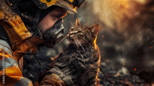 A firefighter is cradling a terrestrial animal with fur in their arms photo