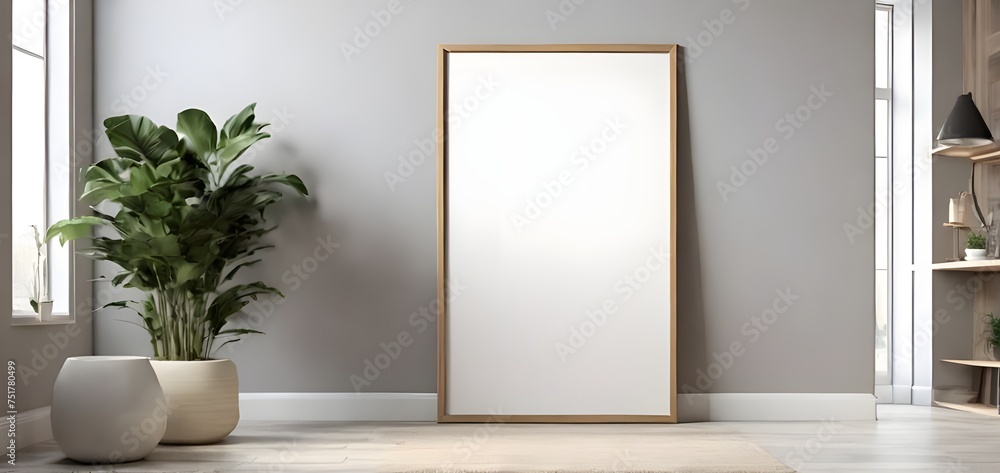 Gallery room interior with three empty white posters, Concept of minimalist scandinavian design. Mock up. - obrazy, fototapety, plakaty 