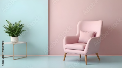 Living room interior with pink sofa and potted plants  white wall mock up background  3D render