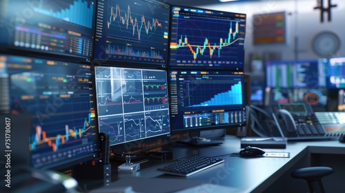 Busy Financial Analyst Desk With Multiple Monitors and Keyboard