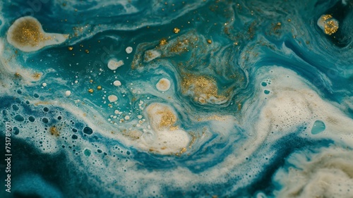 Abstract Blue and Gold Marble Texture with Swirls and Bubbles for Artistic Backgrounds and Designs