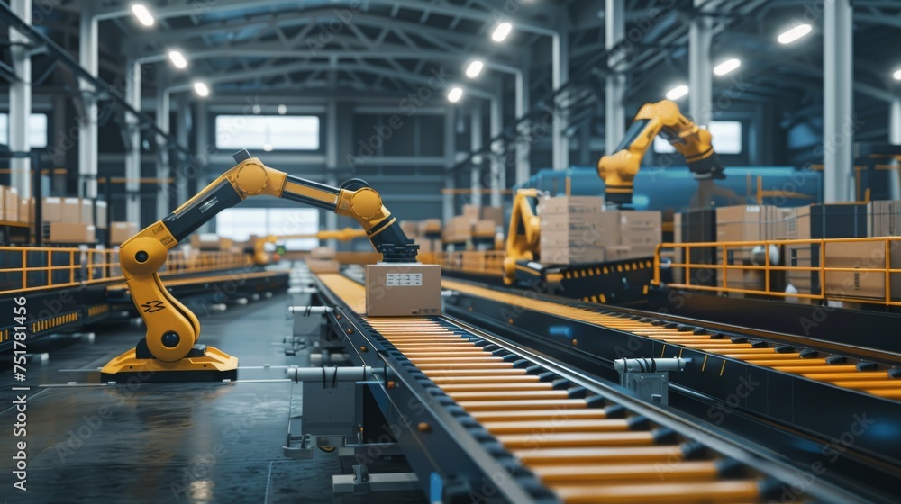 Robotic Arms Moving Boxes in Factory Robotic Arms Moving Boxes in Factory