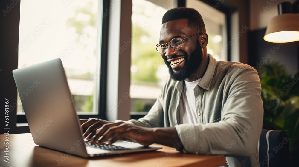 Smiling man working on a laptop in his office Smiling man working on a laptop in his office