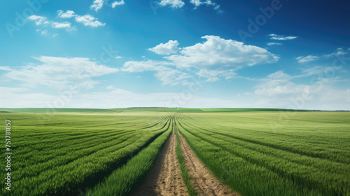 Serene rural landscape with a vibrant green wheat field under a clear blue sky with fluffy white clouds © MP Studio