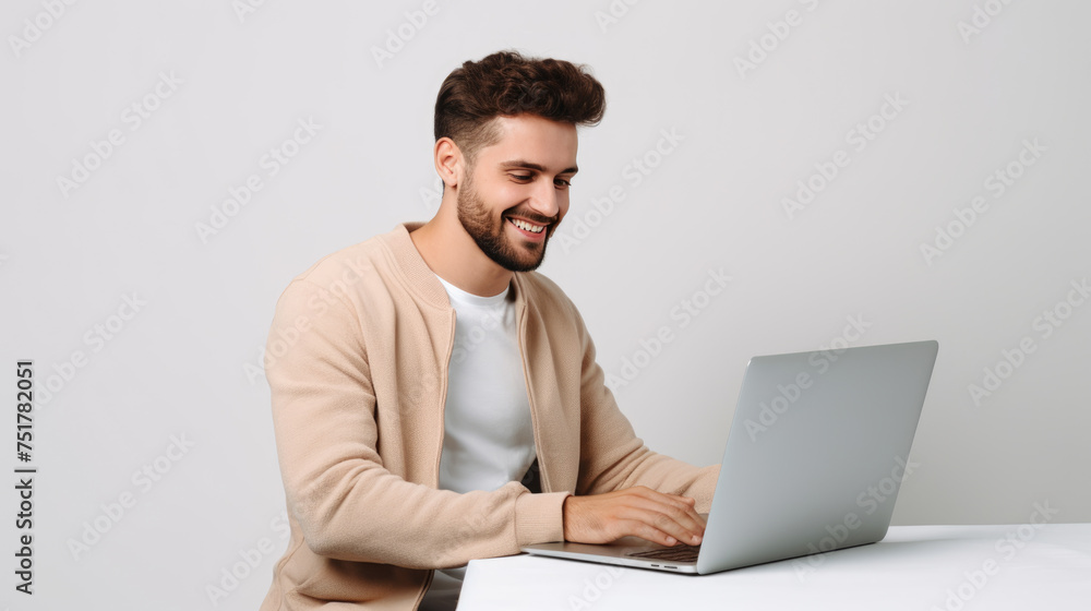 Happy young man working on a laptop against grey background Happy young man working on a laptop against grey background