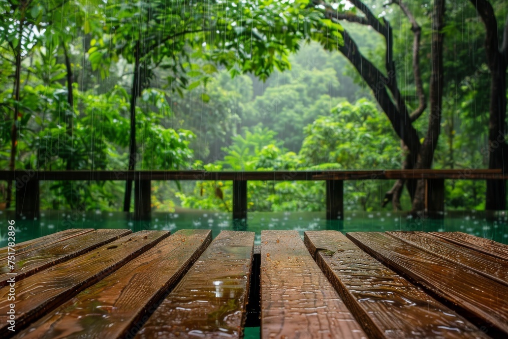Wet Table Pool Mockup, Wooden Background Space by Hotel Swimming Pool Bar in Heavy Rain, Copy Space Wet Table Pool Mockup, Wooden Background Space by Hotel Swimming Pool Bar in Heavy Rain, Copy Space