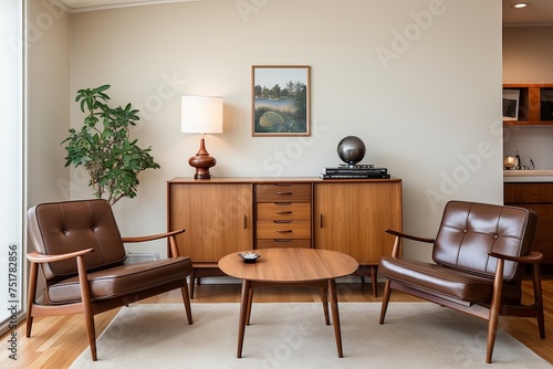 Mid-Century Brown Leather Chairs   Wooden Cabinet in a Functional Home