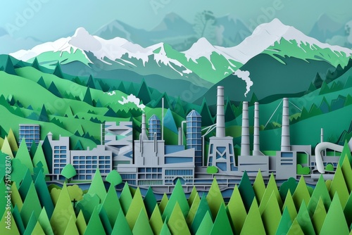 futuristic city Paper cutout, industrial estate, Mountains in the background, green elements