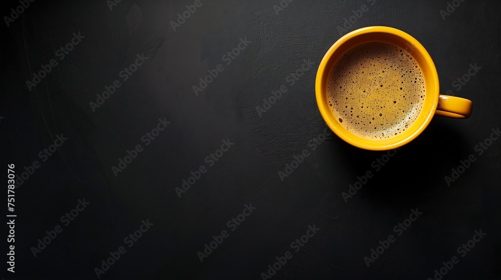 a cup of coffee on a black background with copy space