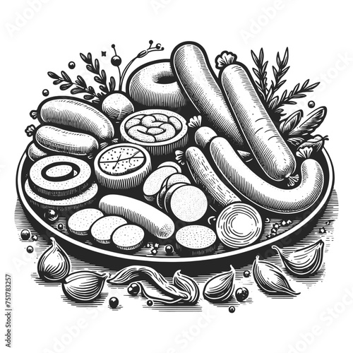 sausages and meat products on plate sketch engraving generative ai vector illustration. Scratch board imitation. Black and white image.