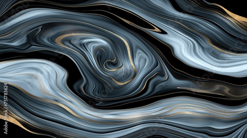 Abstract Luxurious Fluid Art Painting in Black, Gold, and White Tones with Marble Texture