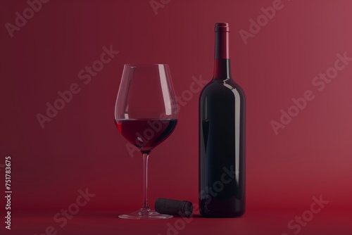 Red Wine Bottle Mockup with Glass, Wineglass, Red Drink with Copy Space, Dry Red Wine