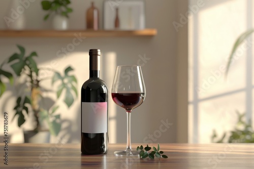 Red Wine Bottle Mockup with Glass, Wineglass, Red Drink with Copy Space, Dry Red Wine