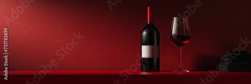 Red Wine Bottle Mockup with Glass, Wineglass, Red Drink with Copy Space, Dry Red Wine