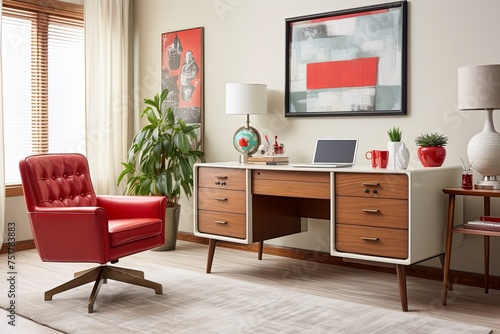 Mid-Century Office  Retro Red and White Scheme with Leather Armchair and Wooden Desk Design