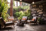 Mid-Century Serene Rock Garden Patio: Leather Seating under Sunny Ambiance