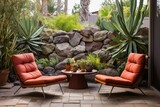 Magnificent Mid-Century Patio: Serene Rock Garden, Leather Seating & Sunlit Atmosphere