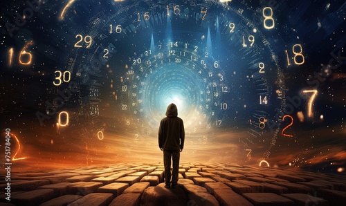 collage photo image of time traveler person in astral world with full numbers numerology concept