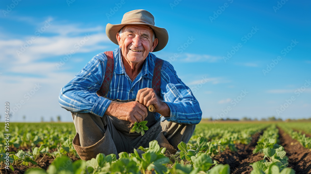 Smiling senior man farmer wearing a straw hat kneeling in a field