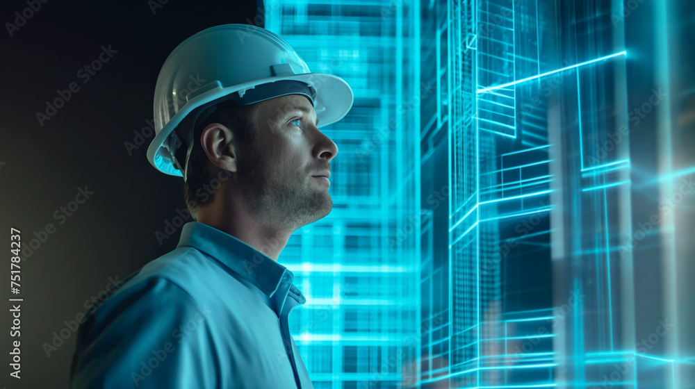 A construction engineer looks at a hologram of a skyscraper under construction. Blue colors predominate.