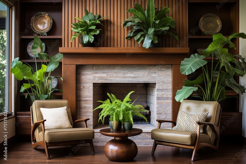Mid-Century Style Fireplace Oasis: Lush Fern and Orchid on Side Table